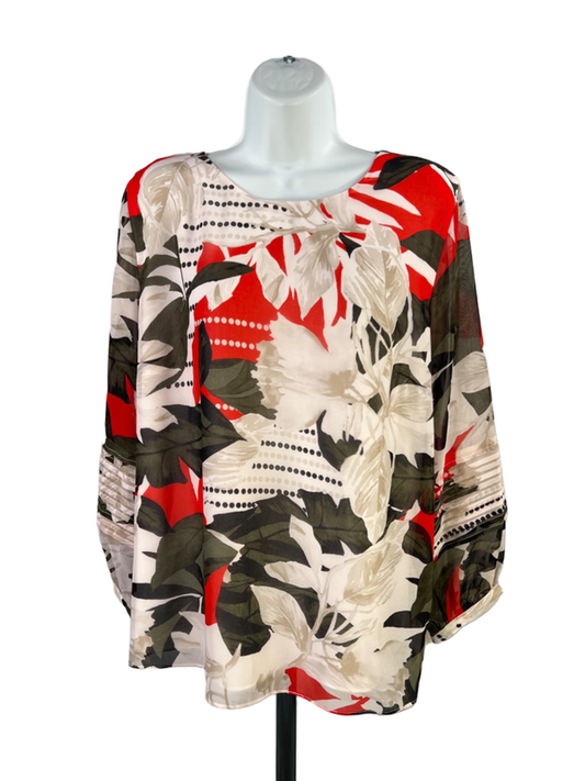 Calvin Klein Women's White/Red Floral Sheer Sleeve Blouse - L