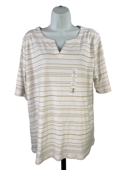 Croft & Barrow Women's White/Beige Striped Elbow Sleeve Cotton Shirt - XXL