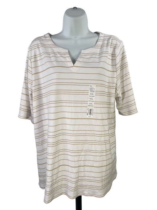 Croft & Barrow Women's White/Beige Striped Elbow Sleeve Cotton Shirt - XXL