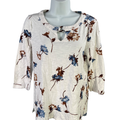 Chico's Women's White/Brown Floral Keyhole Elbow Sleeve Shirt - 1/US M