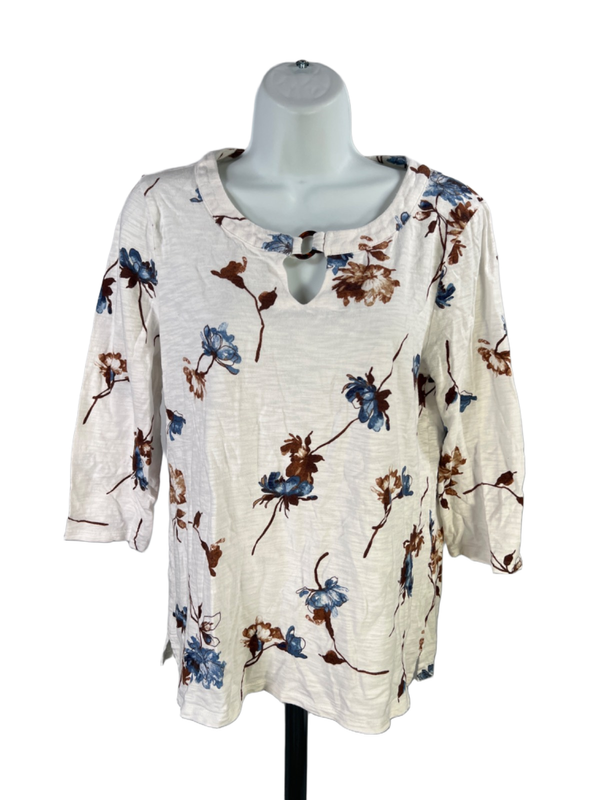Chico's Women's White/Brown Floral Keyhole Elbow Sleeve Shirt - 1/US M