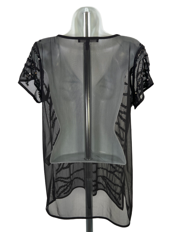 White House Black Market Women's Black Sheer Sequin Short Sleeve Blouse - S image 2