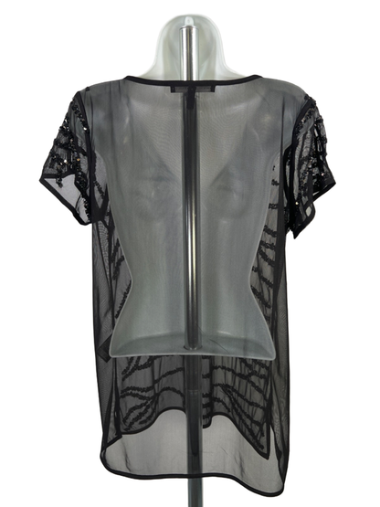 White House Black Market Women's Black Sheer Sequin Short Sleeve Blouse - S image 2