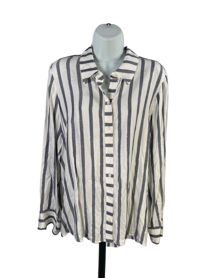 INC International Concepts Women's White/Blue Metallic Button Up Blouse - L