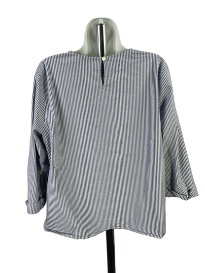 J.Jill Women's Blue/White Striped 3/4 Sleeve Tie Front Blouse - L image 2