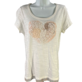 By Chico's Women's White Crochet Heart Short Sleeve T-Shirt - 0/US S