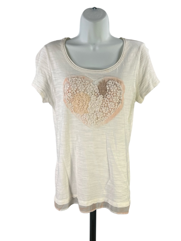 By Chico's Women's White Crochet Heart Short Sleeve T-Shirt - 0/US S