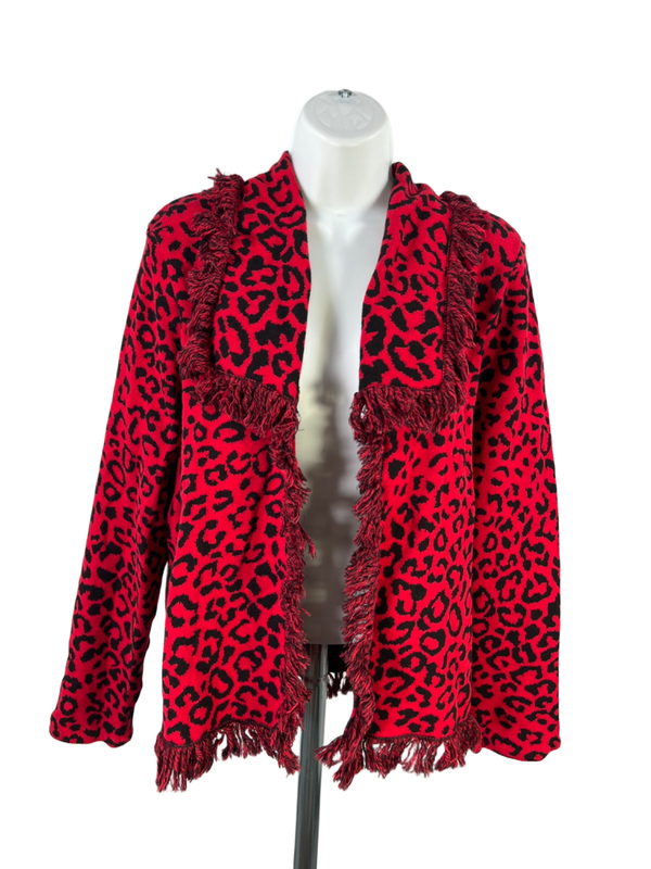 Chico's Women's Red/Black Leopard Fringe Long Sleeve Cardigan Sweater - 3/US XL