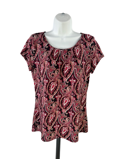 White House Black Market Women's Black/Burgundy Paisley Shirred Neck Blouse - M