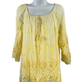Belle France Women's Yellow Crochet 3/4 Sleeve Lined Blouse - M