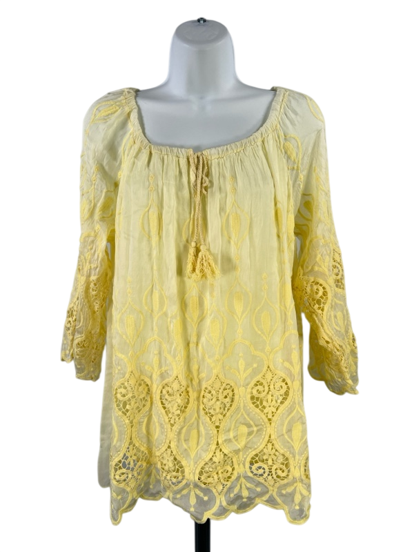Belle France Women's Yellow Crochet 3/4 Sleeve Lined Blouse - M