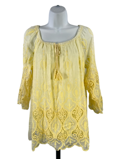 Belle France Women's Yellow Crochet 3/4 Sleeve Lined Blouse - M