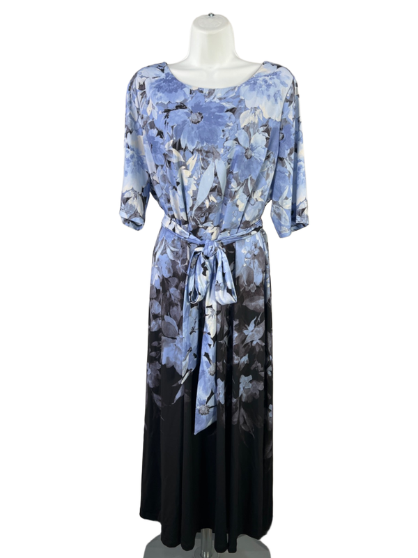 Kasper Women's Black/Blue Floral 1/2 Sleeve Tie Waist Sheath Midi Dress - 18