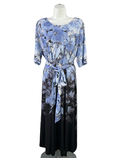 Kasper Women's Black/Blue Floral 1/2 Sleeve Tie Waist Sheath Midi Dress - 18