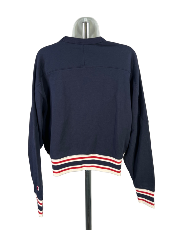 Champion Women's Navy Blue Striped Hem Elective Cropped Crewneck Sweatshirt - L image 2