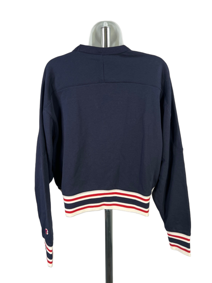 Champion Women's Navy Blue Striped Hem Elective Cropped Crewneck Sweatshirt - L image 2