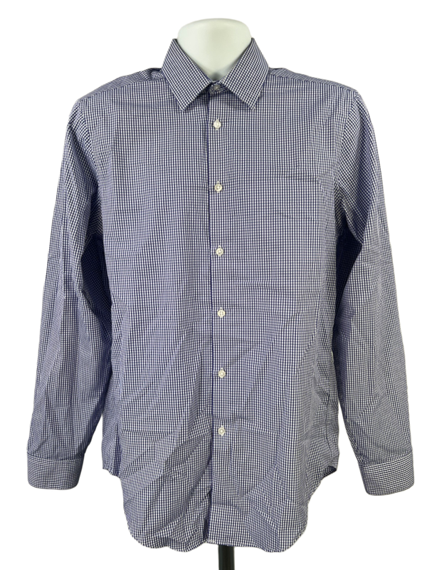 Calvin Klein Men's Blue/White Plaid Slim Fit Long Sleeve Button Up Shirt - 15.5