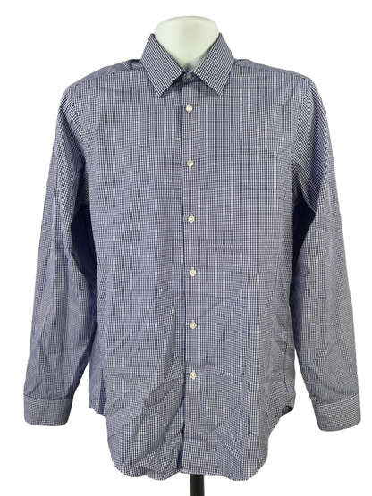 Calvin Klein Men's Blue/White Plaid Slim Fit Long Sleeve Button Up Shirt - 15.5