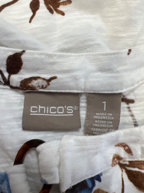 Chico's Women's White/Brown Floral Keyhole Elbow Sleeve Shirt - 1/US M image 3