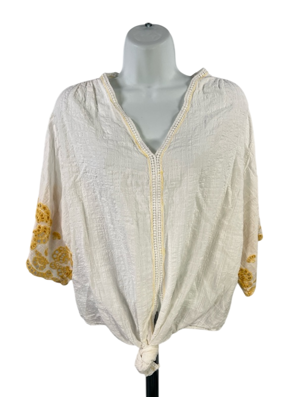 Max Studio Women's White/Yellow Short Eyelet Sleeve Tie Front Blouse - L