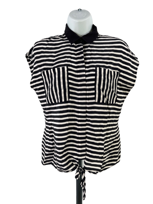 C Wonder Women's Black/White Striped Sleeveless Silk Button Up Blouse - XS