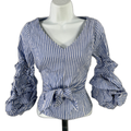 White House Black Market Women's Blue/White Striped Smock Tie Waist Blouse - 00