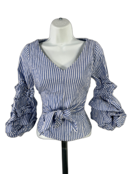 White House Black Market Women's Blue/White Striped Smock Tie Waist Blouse - 00
