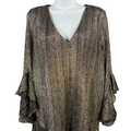Vince Camuto Women's Black/Gold Metallic V Neck Long Ruffle Sleeve Blouse - XL