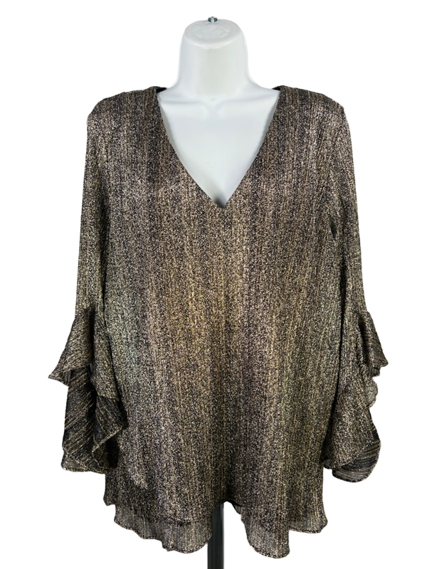 Vince Camuto Women's Black/Gold Metallic V Neck Long Ruffle Sleeve Blouse - XL