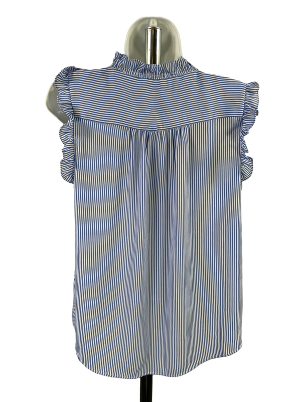 Tahari Women's White/Blue Stripe Ruffle Trim Button Up Blouse - M image 2
