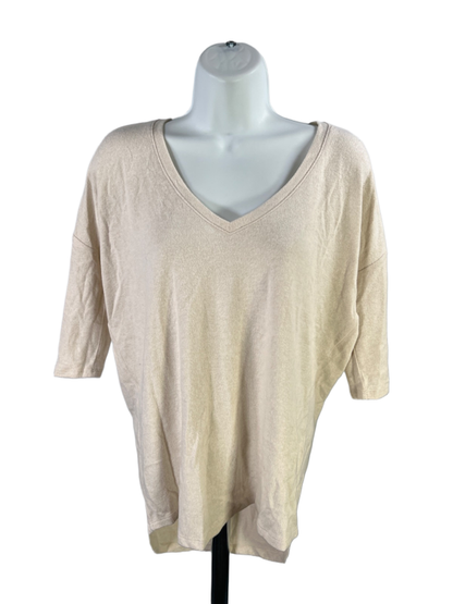 Express One Eleven Women's Ivory/Beige Short Sleeve V-Neck Plush Shirt - XS