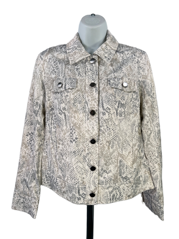 Chico's Women's Ivory/Gray Python Print 3/4 Sleeve Satin Jean Jacket - 1/US 8