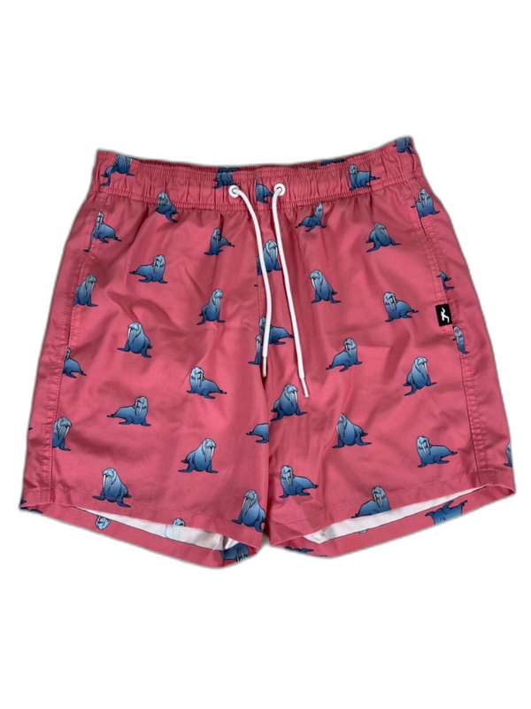 Hollister Men's Pink Walrus Print Stretch Lined Tie Waist Swim Trunks - XS