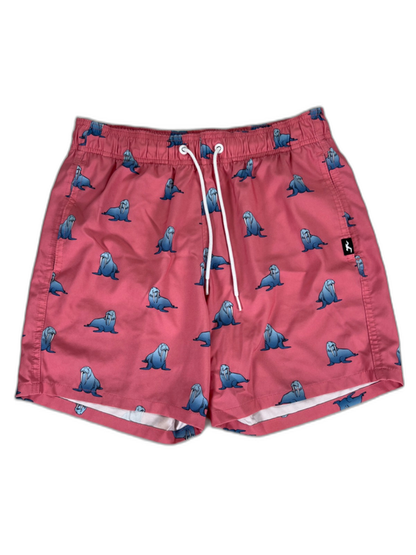 Hollister Men's Pink Walrus Print Stretch Lined Tie Waist Swim Trunks - XS