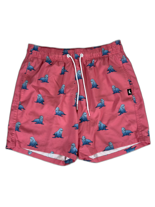 Hollister Men's Pink Walrus Print Stretch Lined Tie Waist Swim Trunks - XS