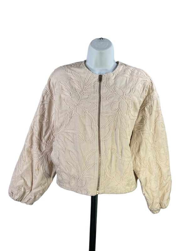 Zara Women's Beige/Ivory Floral Embroidered Long Balloon Sleeve Jacket - S