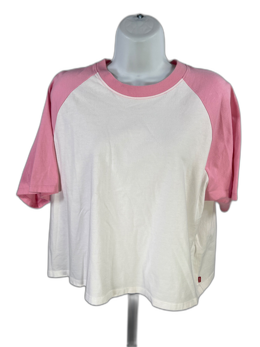 Levi's Women's White/Pink Short Sleeve Loose Fit Throwback Baseball T-Shirt - M