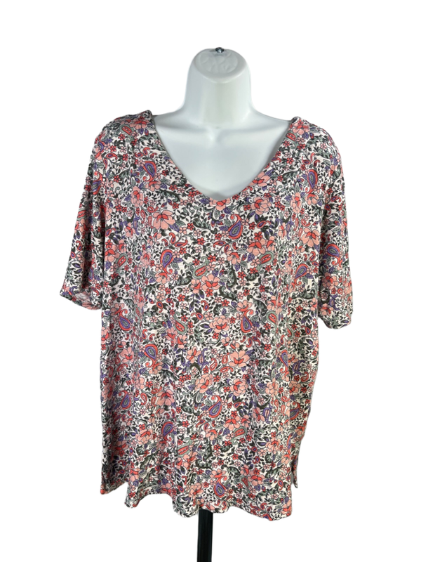 J Jill Women's Multicolor Floral V Neck Elbow Sleeve Tee Shirt - 2X Plus