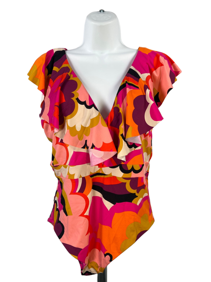 Trina Turk Women's Pink Fan Faire Ruffle Plunge One Piece Swimsuit - 14