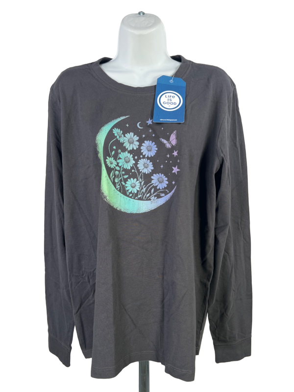 Life is Good Women's Gray Crusher Moon and Floral Long Sleeve Shirt - XL