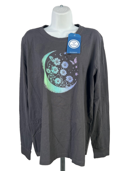 Life is Good Women's Gray Crusher Moon and Floral Long Sleeve Shirt - XL