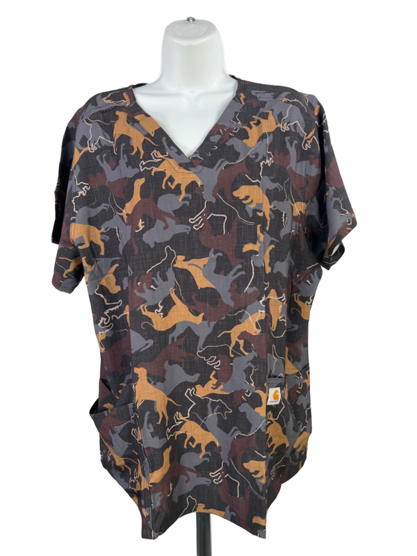 Carhartt Womens Black/Brown Force Cross Flex Modern Fit Dog Print Scrub Top - XL