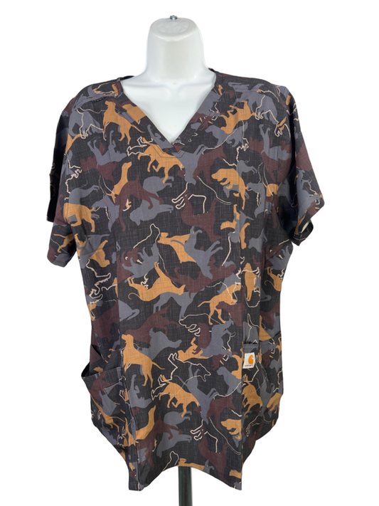 Carhartt Womens Black/Brown Force Cross Flex Modern Fit Dog Print Scrub Top - XL