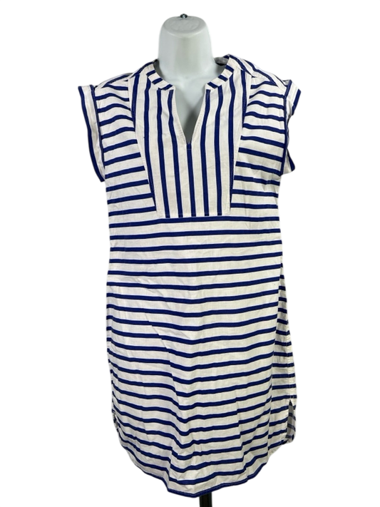 J. Crew Women's White/Blue Striped Cap Sleeve V-Neck Sheath Dress - XS
