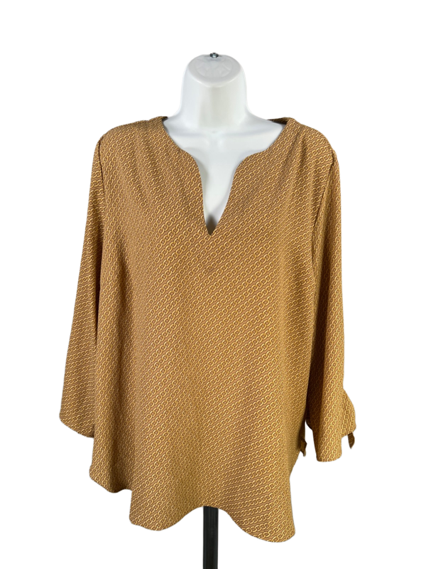 Michael Kors Women's Tan/Yellow Chain Print 3/4 Tie Sleeve Blouse - XL