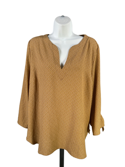 Michael Kors Women's Tan/Yellow Chain Print 3/4 Tie Sleeve Blouse - XL