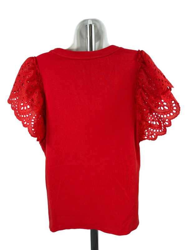 White House Black Market Women's Red Flutter Eyelet Sleeve Blouse - L image 2