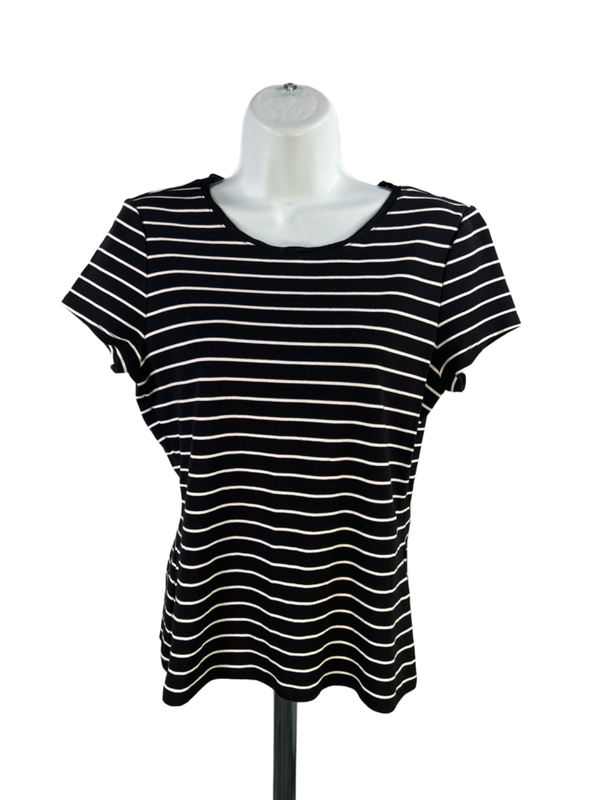 White House Black Market Women's Black/White Striped Basic Tee Shirt - M