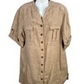 Coldwater Creek Women's Tan Linen Button Up Short Roll Sleeve Shirt - XL