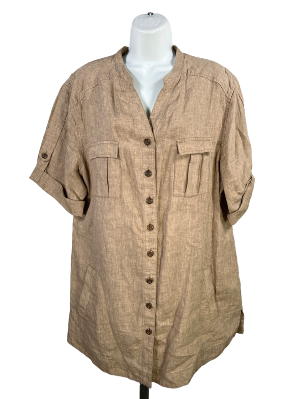 Coldwater Creek Women's Tan Linen Button Up Short Roll Sleeve Shirt - XL